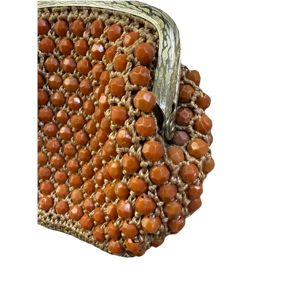 Vintage‎ Amber Colored Beaded Crocheted Coin Purse Kiss Lock Closure